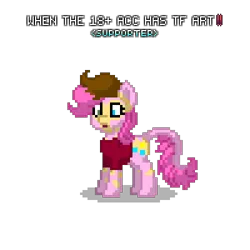Size: 400x400 | Tagged: safe, artist:anonymous, derpibooru import, pinkie pie, earth pony, human, pony, pony town, /mlp/, /ptfg/, 4chan, clothes, female, g4, heterochromia, human to pony, image, mid-transformation, open mouth, png, shadow, shirt, simple background, solo, tail growth, transformation, transparent background