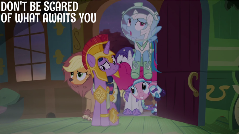 Size: 2000x1125 | Tagged: safe, derpibooru import, edit, edited screencap, editor:quoterific, screencap, applejack, pinkie pie, rainbow dash, rarity, twilight sparkle, mermaid, scare master, animal costume, applelion, armor, astrodash, athena sparkle, clothes, costume, fluttershy's cottage (interior), g4, image, mermarity, pinkie puffs, png