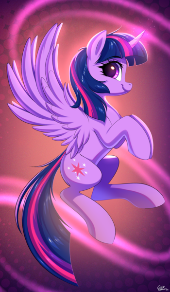 Size: 1784x3060 | Tagged: safe, artist:ask-colorsound, derpibooru import, twilight sparkle, twilight sparkle (alicorn), alicorn, pony, eyebrows, eyebrows visible through hair, female, g4, high res, horn, image, looking at you, mare, png, profile, side view, signature, smiling, smiling at you, solo, spread wings, tail, wings