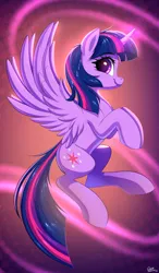 Size: 1784x3060 | Tagged: safe, artist:ask-colorsound, derpibooru import, twilight sparkle, twilight sparkle (alicorn), alicorn, pony, eyebrows, eyebrows visible through hair, female, g4, high res, horn, image, looking at you, mare, png, profile, side view, signature, smiling, smiling at you, solo, spread wings, tail, wings