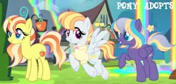Size: 1280x614 | Tagged: safe, artist:vi45, derpibooru import, oc, unofficial characters only, pegasus, pony, unicorn, clothes, female, horn, image, mare, png, rainbow falls (location), rainbow waterfall, shirt, trio, trio female