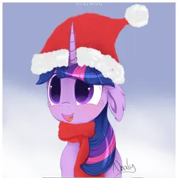 Size: 4000x4000 | Tagged: safe, artist:nnaly, derpibooru import, twilight sparkle, pony, unicorn, absurd resolution, blushing, bust, christmas, clothes, cute, female, floppy ears, g4, gradient background, hat, holiday, horn, image, mare, open mouth, open smile, png, santa hat, scarf, signature, smiling, solo, twiabetes, unicorn twilight