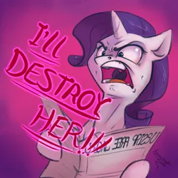 Size: 1200x1200 | Tagged: safe, artist:bronyseph, artist:papdapossum, derpibooru import, rarity, pony, unicorn, ponyville confidential, angry, female, g4, horn, i'll destroy her, image, mare, newspaper, open mouth, png, reaction image, scene interpretation, solo