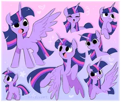 Size: 2538x2139 | Tagged: safe, artist:syrupyyy, derpibooru import, twilight sparkle, twilight sparkle (alicorn), alicorn, pony, unicorn, blushing, cute, eye clipping through hair, eyebrows, eyebrows visible through hair, eyes closed, female, filly, filly twilight sparkle, foal, g4, gradient background, heart, high res, horn, image, mare, no catchlights, no iris, open mouth, open smile, passepartout, png, signature, smiling, solo, sparkles, spread wings, syrupyyy is trying to murder us, thousand yard stare, twiabetes, unicorn twilight, wings, younger