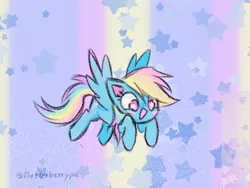 Size: 1212x909 | Tagged: safe, artist:flutterberrypie, derpibooru import, rainbow dash, pegasus, pony, blushing, colored pinnae, cute, dashabetes, eye clipping through hair, female, flying, g4, image, mare, open mouth, open smile, png, scene interpretation, signature, smiling, solo, spread wings, starry eyes, stars, wingding eyes, wings