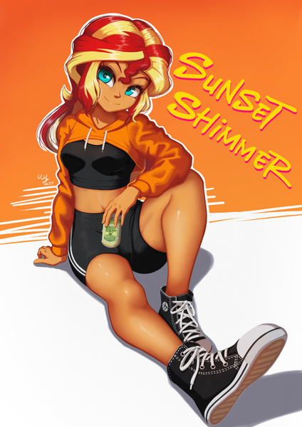 Size: 706x1000 | Tagged: safe, artist:the-park, derpibooru import, sunset shimmer, human, equestria girls, clothes, converse, drink, english, g4, hoodie, image, looking at you, midriff, moderate dark skin, png, shoes, shorts, sitting, sneakers, soda can, sports bra, text