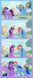 Size: 2700x6408 | Tagged: safe, artist:ambris, derpibooru import, rainbow dash, twilight sparkle, twilight sparkle (alicorn), alicorn, pegasus, pony, ask twidash, blushing, comic, duo, duo female, eyes closed, female, flying, folded wings, g4, grin, horn, image, kiss on the lips, kissing, lesbian, looking at each other, looking at someone, looking back, mare, open mouth, open smile, outdoors, png, ponyville, raised hoof, shadow, shipping, sitting, smiling, speech bubble, spread wings, surprise kiss, tail, tree, twidash, wingboner, wings