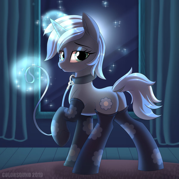 Size: 1400x1400 | Tagged: suggestive, artist:ask-colorsound, derpibooru import, oc, oc:double colon, unofficial characters only, pony, unicorn, bedroom eyes, butt, clothes, collar, commission, curtains, dock, female, glow, glowing horn, horn, image, indoors, leash, levitation, looking at you, looking back, looking back at you, magic, magic aura, mare, plot, png, raised hoof, raised tail, smiling, smiling at you, socks, solo, solo female, tail, telekinesis, thigh highs, unicorn oc, window