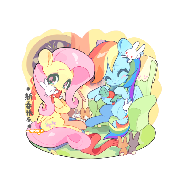 Size: 3000x3000 | Tagged: safe, artist:chengzi82020, derpibooru import, angel bunny, fluttershy, rainbow dash, tank, pegasus, pony, rabbit, tortoise, animal, clothes, couch, female, hug, image, letter, mare, pillow, png, scarf, simple background, white background