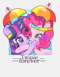 Size: 2258x2872 | Tagged: safe, artist:chengzi82020, derpibooru import, pinkie pie, twilight sparkle, earth pony, pony, unicorn, blushing, female, gray background, hat, heart, horn, hug, image, lesbian, looking at each other, looking at someone, mare, one eye closed, png, shipping, simple background, smiling, smiling at each other, text, twinkie, umbrella hat