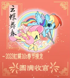 Size: 2087x2336 | Tagged: safe, artist:chengzi82020, derpibooru import, fluttershy, rainbow dash, butterfly, insect, pegasus, pony, chinese text, cloud, female, flying, image, mare, moon runes, png, red background, simple background, text