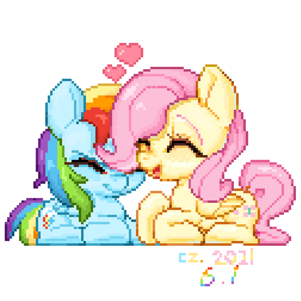 Size: 2523x2523 | Tagged: safe, artist:chengzi82020, derpibooru import, fluttershy, rainbow dash, pegasus, pony, digital art, eyes closed, female, heart, image, lying down, mare, open mouth, pixel art, png, ponyloaf, prone, simple background, smiling, text, white background
