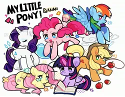 Size: 3040x2362 | Tagged: safe, artist:anan9126, derpibooru import, applejack, fluttershy, pinkie pie, rainbow dash, rarity, twilight sparkle, twilight sparkle (alicorn), alicorn, butterfly, earth pony, insect, pegasus, pony, unicorn, apple, book, cloud, cupcake, female, food, horn, image, jpeg, magic, mane six, mare, open mouth, simple background, text, white background