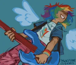 Size: 1016x871 | Tagged: safe, artist:skorpionegrass, derpibooru import, rainbow dash, human, blue background, electric guitar, g4, guitar, humanized, image, left handed, musical instrument, png, simple background, solo