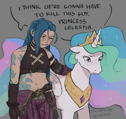 Size: 2048x1930 | Tagged: safe, artist:skorpionegrass, derpibooru import, princess celestia, alicorn, human, arcane, duo, g4, gray background, i think we're gonna have to kill this guy, image, jinx (league of legends), league of legends, meme, png, simple background