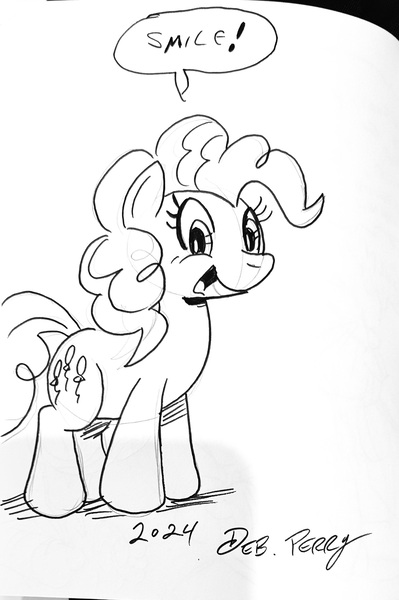 Size: 1589x2388 | Tagged: safe, artist:debmervin, derpibooru import, pinkie pie, earth pony, pony, black and white, g4, grayscale, image, jpeg, monochrome, solo, traditional art, word bubble