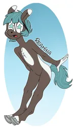 Size: 1127x1931 | Tagged: safe, artist:reamina, derpibooru import, oc, unofficial characters only, anthro, earth pony, unguligrade anthro, featureless crotch, gradient background, image, nudity, png, solo, starry eyes, wingding eyes