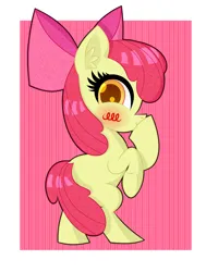 Size: 1200x1590 | Tagged: safe, artist:scandianon, derpibooru import, apple bloom, earth pony, pony, blushing, female, filly, foal, hoof over mouth, image, looking at you, patterned background, png, pose, raised hoof, rearing, smiling