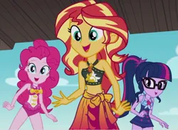 Size: 869x636 | Tagged: safe, derpibooru import, screencap, pinkie pie, sci-twi, sunset shimmer, twilight sparkle, equestria girls, equestria girls series, x marks the spot, best friends, bikini, bikini top, clothes, cute, female, g4, geode of empathy, geode of sugar bombs, geode of telekinesis, glasses, image, jewelry, magical geodes, my little pony equestria girls: better together, necklace, open mouth, open smile, pinkie pie swimsuit, png, sarong, sci-twi swimsuit, sleeveless, smiling, sunset shimmer swimsuit, swimsuit, trio, trio female, wrist cuff