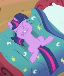 Size: 394x463 | Tagged: safe, derpibooru import, screencap, twilight sparkle, pony, unicorn, lesson zero, bed, cropped, g4, golden oaks library, hooves on face, image, library, lying down, png, solo, unicorn twilight