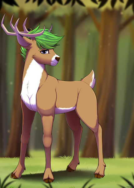 Size: 2574x3600 | Tagged: safe, artist:dinoalpaka, derpibooru import, oc, oc:emerald breeze, deer, antlers, cervine, cloven hooves, forest, image, male, nature, png, solo, tree