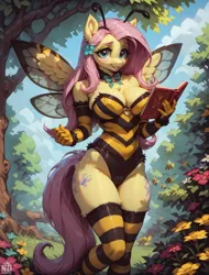 Size: 1792x2352 | Tagged: suggestive, ai content, derpibooru import, machine learning generated, stable diffusion, fluttershy, anthro, bee, insect, pegasus, book, breasts, busty fluttershy, clothes, costume, image, png, prompter:neondash