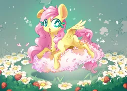 Size: 4252x3071 | Tagged: safe, artist:cutepencilcase, derpibooru import, fluttershy, butterfly, insect, pegasus, pony, the cutie mark chronicles, female, filly, filly fluttershy, flower, g4, image, png, solo, younger