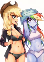 Size: 1506x2151 | Tagged: suggestive, artist:pulse, derpibooru import, applejack, rainbow dash, equestria girls, armpits, belly button, bra, clothes, g4, image, panties, png, sexy, underwear, undressing