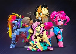 Size: 2560x1824 | Tagged: safe, artist:buvanybu, derpibooru import, applejack, fluttershy, pinkie pie, rainbow dash, pegasus, pony, bracelet, choker, clothes, dyed mane, dyed tail, ear piercing, glasses, goth, hair over one eye, hat, hoof polish, image, jacket, jpeg, open mouth, pants, piercing, punk, skirt, spiked choker, spiked wristband, tail, tongue out, wristband