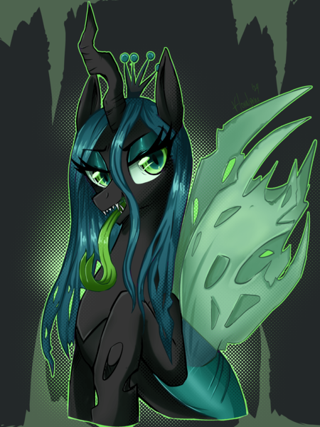 Size: 3000x4000 | Tagged: safe, artist:floralshitpost, derpibooru import, queen chrysalis, changeling, eyeshadow, fangs, forked tongue, image, lidded eyes, long tongue, makeup, open mouth, png, tongue out, torn wings, wings