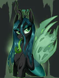 Size: 3000x4000 | Tagged: safe, artist:floralshitpost, derpibooru import, queen chrysalis, changeling, eyeshadow, fangs, forked tongue, image, lidded eyes, long tongue, makeup, open mouth, png, tongue out, torn wings, wings