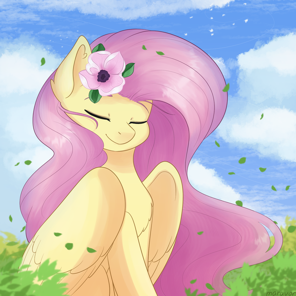Size: 1500x1500 | Tagged: safe, artist:maravor, derpibooru import, fluttershy, pegasus, pony, chest fluff, eyes closed, female, flower, flower in hair, g4, image, mare, png, solo, wings