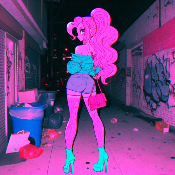 Size: 1024x1024 | Tagged: suggestive, ai content, derpibooru import, machine learning generated, pinkie pie, human, adorasexy, alley, bare shoulders, clothes, cute, female, g4, high heels, humanized, image, looking at you, looking back, looking back at you, night, photorealistic, png, ponytail, prompter:horselover fat, prostitute, prostitution, purse, rear view, sexy, shirt, shoes, shorts, shoulderless, solo, standing, tight clothing, trash, trash can