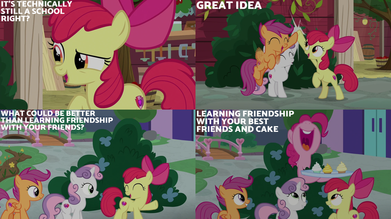 Size: 2000x1125 | Tagged: safe, derpibooru import, edit, edited screencap, editor:quoterific, screencap, apple bloom, pinkie pie, scootaloo, sweetie belle, marks for effort, 4 panel comic, caption, cutie mark crusaders, g4, image, png, school of friendship, text