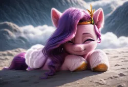 Size: 1216x832 | Tagged: safe, ai content, derpibooru import, machine learning generated, prompter:kluknawa235, stable diffusion, pipp petals, pegasus, g5, crown, cute, ear fluff, eyes closed, fog, image, jewelry, jpeg, regalia, smiling