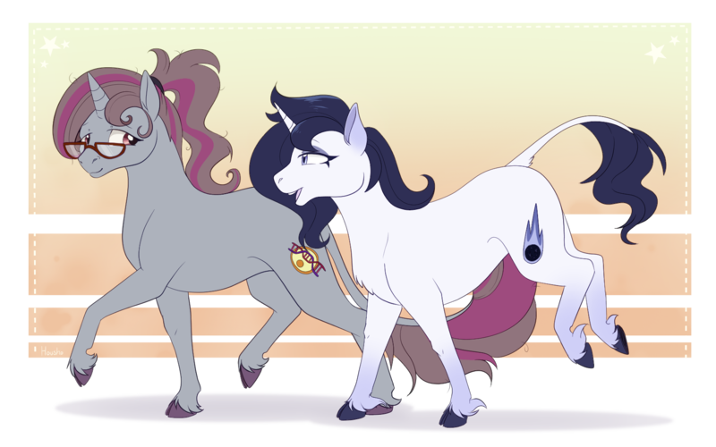 Size: 1681x1050 | Tagged: safe, artist:housho, derpibooru import, oc, oc:comet trail, oc:helix spiral, unofficial characters only, classical unicorn, unicorn, cloven hooves, couple, glasses, horn, image, leonine tail, oc x oc, png, ponysona, ponytail, shipping, tail, unshorn fetlocks, walking