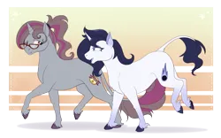 Size: 1681x1050 | Tagged: safe, artist:housho, derpibooru import, oc, oc:comet trail, oc:helix spiral, unofficial characters only, classical unicorn, unicorn, cloven hooves, couple, glasses, horn, image, leonine tail, oc x oc, png, ponysona, ponytail, shipping, tail, unshorn fetlocks, walking