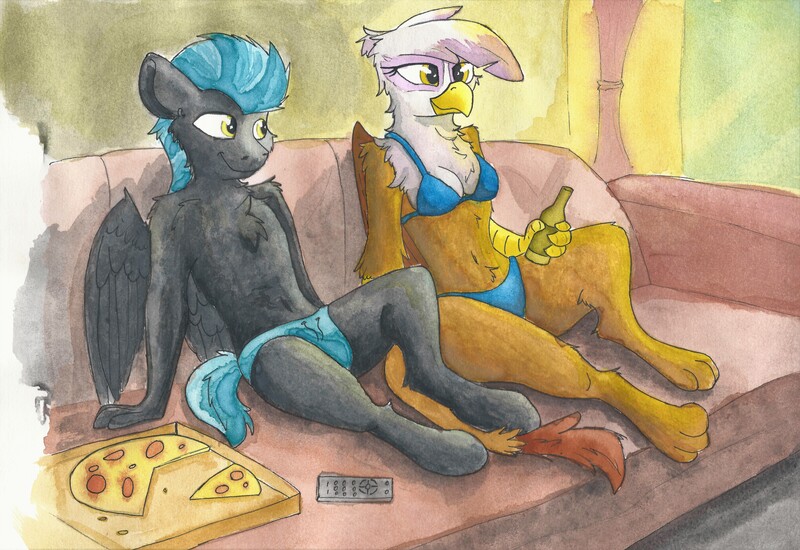 Size: 6850x4713 | Tagged: safe, artist:pzkratzer, derpibooru import, gilda, thunderlane, anthro, gryphon, pegasus, belly button, bikini, clothes, drink, drinking, duo, eating, female, food, gildalane, image, jpeg, looking at each other, looking at someone, male, pizza, pizza box, remote control, shipping, sitting, speedo, straight, sunset, swimsuit, traditional art, underwear, watching tv, watercolor painting