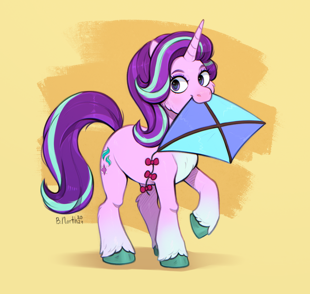 Size: 4373x4151 | Tagged: safe, artist:birdoffnorth, derpibooru import, starlight glimmer, pony, unicorn, colored hooves, hoof fluff, horn, image, kite, mouth hold, png, solo, that pony sure does love kites