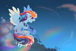 Size: 3000x2000 | Tagged: safe, alternate version, artist:mirtash, derpibooru import, rainbow dash, pegasus, pony, alternate design, alternate hair color, alternate hairstyle, alternate tail color, alternate universe, blue coat, cloud, cloud pattern, coat markings, colored ear fluff, colored wings, colored wingtips, ear fluff, facial markings, female, flight trail, flying, g4, image, lidded eyes, lightning mark, mare, missing cutie mark, multicolored mane, multicolored tail, night, night sky, open mouth, open smile, png, profile, rainbow trail, raised hoof, sky, sky background, smiling, solo, sparkles, sparkly mane, sparkly tail, spiky mane, spread wings, stars, swirls, swirly markings, tail, two toned wings, wingding eyes, wings