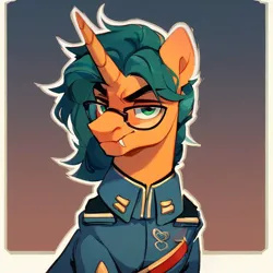 Size: 768x768 | Tagged: safe, ai content, derpibooru import, machine learning generated, prompter:radioglitch, stable diffusion, unicorn, clothes, commission, fangs, generator:pony diffusion v6 xl, glasses, horn, image, military uniform, png, uniform