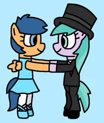 Size: 579x685 | Tagged: safe, artist:gillianthecreator36, first base, tap dancer, pony, adorabase, aura (g4), aurabetes, ballerina, ballerina first base, ballet slippers, best friends, blue background, closed mouth, clothes, cute, cyan background, dress, duo, female, filly, friends, g4, hat, holding hands, holding hooves, image, lady tap dancer aura, lady tapper aura, png, shoes, simple background, slippers, smiling, tapper, tights, top hat, tuxedo