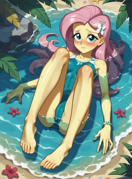 Size: 1792x2432 | Tagged: questionable, ai content, derpibooru import, machine learning generated, prompter:regardedm8, fluttershy, equestria girls, barefoot, beach, blushing, cameltoe, clothes, feet, full body, g4, image, jpeg, looking at you, lying down, on back, partially submerged, seaside, shy, skinny, solo, swimsuit, thin, toes, water