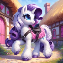 Size: 1024x1024 | Tagged: safe, ai content, machine learning generated, ponerpics import, ponybooru import, rarity, pony, unicorn, alternate hairstyle, bing, female, fluffy, image, jpeg, mare, ponyville, saddle, solo, tack, unshorn fetlocks