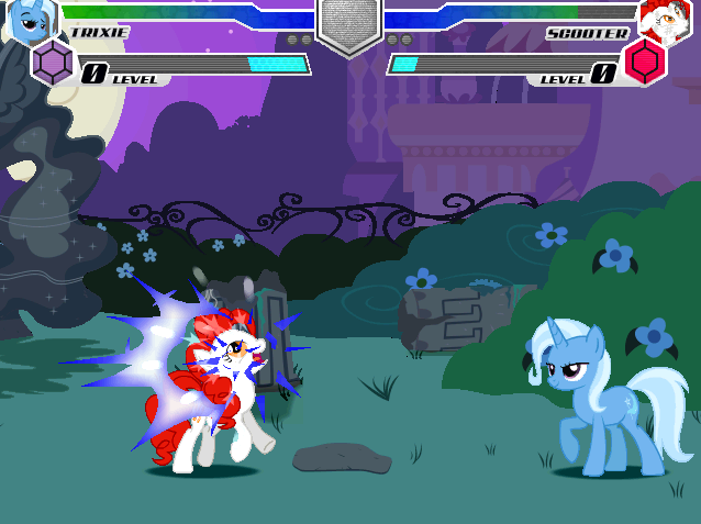 Size: 638x477 | Tagged: safe, ponerpics import, ponybooru import, trixie, earth pony, unicorn, fighting is magic, canterlot garden, clone, fan game, image, png, private version, scooter (character), statue