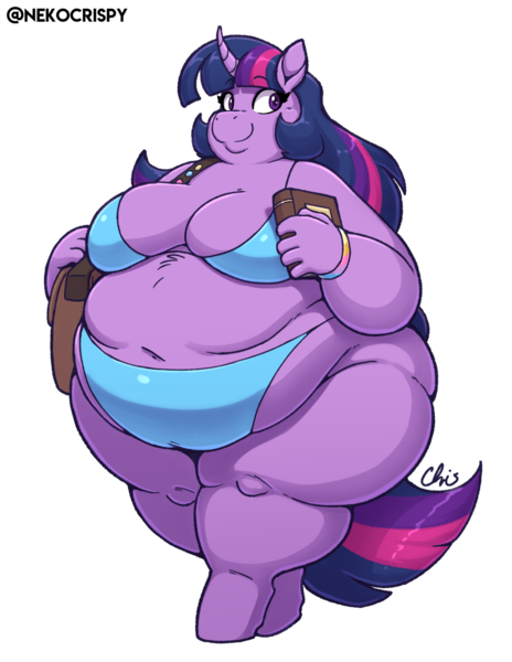 Size: 893x1155 | Tagged: suggestive, artist:nekocrispy, derpibooru import, twilight sparkle, anthro, unicorn, bag, bbw, belly, belly button, belly fluff, big belly, big breasts, bikini, bikini bottom, bikini top, bingo wings, book, book bag, breasts, butt, chubby, chubby cheeks, clothes, curved horn, fat, fat boobs, g4, hooves, horn, image, missing cutie mark, obese, png, rolls of fat, sagging breasts, signature, simple background, solo, ssbbw, swimsuit, thighs, thunder thighs, transparent background, twibutt, twilard sparkle, unicorn twilight, wide hips