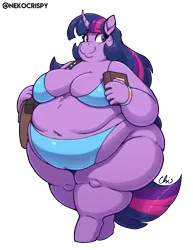 Size: 893x1155 | Tagged: suggestive, artist:nekocrispy, derpibooru import, twilight sparkle, anthro, unicorn, bag, bbw, belly, belly button, belly fluff, big belly, big breasts, bikini, bikini bottom, bikini top, bingo wings, book, book bag, breasts, butt, chubby, chubby cheeks, clothes, curved horn, fat, fat boobs, g4, hooves, horn, image, missing cutie mark, obese, png, rolls of fat, sagging breasts, signature, simple background, solo, ssbbw, swimsuit, thighs, thunder thighs, transparent background, twibutt, twilard sparkle, unicorn twilight, wide hips