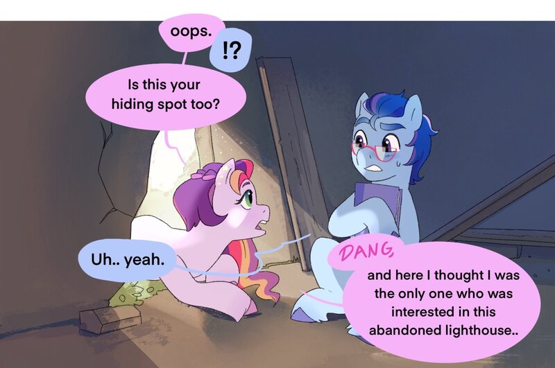 Size: 1841x1221 | Tagged: safe, artist:aztrial, derpibooru import, earth pony, pony, g5, argyle starshine, book, comic, dialogue, duo, image, jpeg, lighthouse, one-panel comic, ruins, sunny starscout's mother, sunny starscout's parents, younger