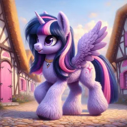 Size: 1024x1024 | Tagged: safe, ai content, machine learning generated, ponerpics import, ponybooru import, twilight sparkle, twilight sparkle (alicorn), alicorn, pony, alternate cutie mark, bing, female, fluffy, image, jewelry, jpeg, mare, ponyville, smiling, solo, spread wings, wings