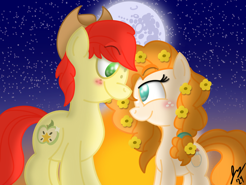 Size: 2160x1620 | Tagged: safe, artist:jesslmc16, derpibooru import, bright mac, pear butter, earth pony, pony, apple, buttercup, couple, cutie mark, digital art, duo, female, flower, flower in hair, food, freckles, g4, image, looking at each other, looking at someone, love, male, mare, mare in the moon, moon, pear, png, relationship, signature, simple background, smiling, smiling at each other, stallion, stars, sunset